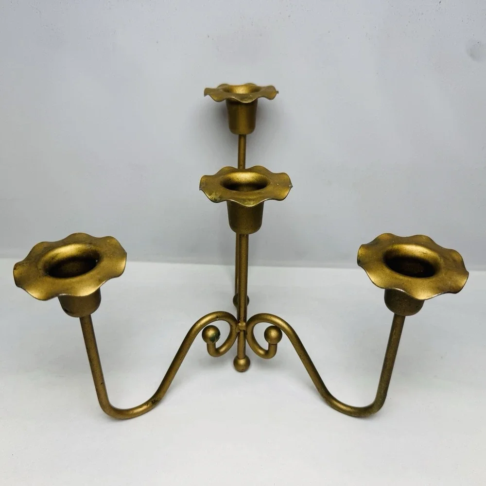 Vintage Brass Gold Tone Candle Holder Mid Century‎ Modern MCM 3 Arm Candelabra